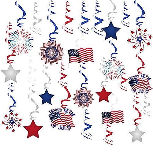 4th of July Patriotic Decorations Hanging Swirls, 30 PCS Red White Blue American Flag Stars Hanging Ornaments for Independence Day, National Day, Memorial Day Party Supplies