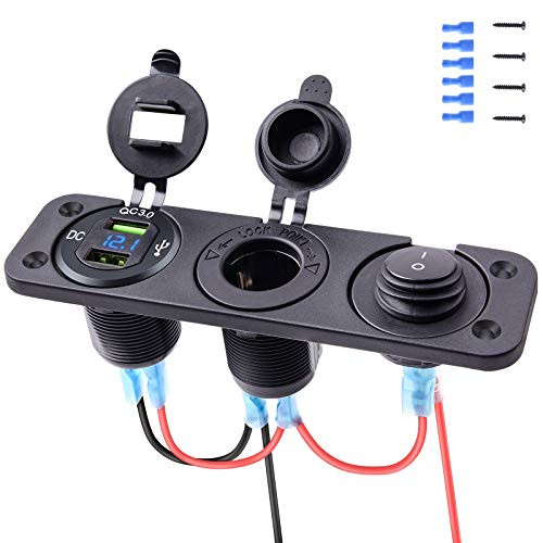 MNJ MOTOR 4 in 1 Car Charger Panel, 12V Cigarette Lighter Socket and Dual QC3.0 USB Ports with LED Voltmeter Display and ON/OFF Toggle Switch for Car Boat Marine Motorcycle Truck