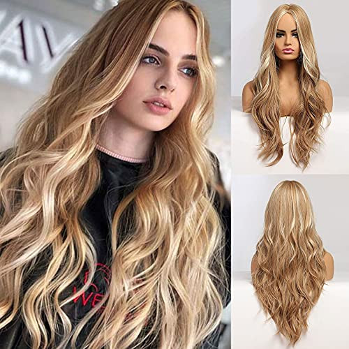 HAIRCUBE Long Blonde Wigs for Women,Curly Wavy Hair Synthetic Wig Middle Parting Daily Cosplay HAIRCUBE Long Blonde Wigs for Women,Curly Wavy Hair Synthetic Wig Middle Parting Daily Cosplay