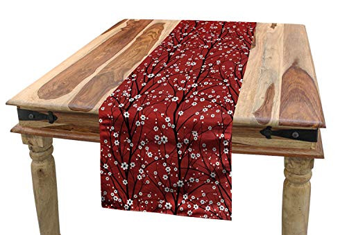 Lunarable Floral Table Runner, Cherry Blossom Tree Branches Beauty Japanese Traditional Folk Eastern Petals, Dining Room Kitchen Rectangular Runner, 16" X 72", White Black