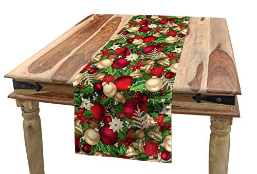 Ambesonne Christmas Table Runner, Tree Branches Spruce Leaves Balls Bells Cones Poinsettia Flowers Mistletoe Berry, Dining Room Kitchen Rectangular Runner, 16" X 72", Ruby Green