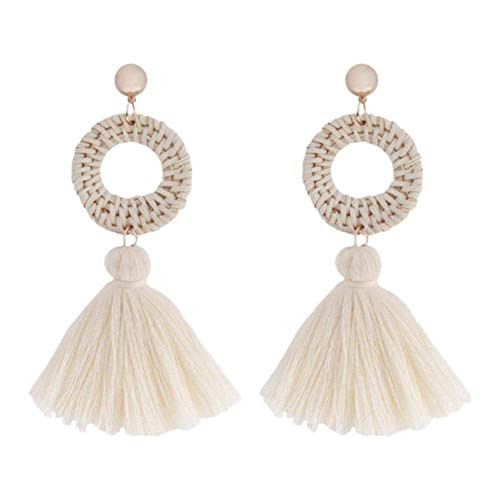 Bamboo Weaving Round Fringe Earrings Handmade Dangle Ethnic Tassel Earrings Bohemia Colorful Tassel Drop Earrings Tassel Hoop Drop Earrings Geometric Statement Dangle Earrings-White Bamboo Weaving Round Fringe Earrings Handmade Dangle Ethnic Tassel Earrings Bohemia Colorful Tassel Drop Earrings Tassel Hoop Drop Earrings Geometric Statement Dangle Earrings-White