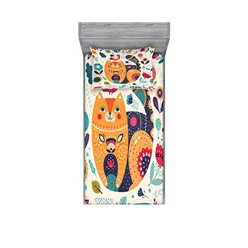 Ambesonne Paisley Fitted Sheet  and  Pillow Sham Set, Little Smiling Cheek Cat Animal Various Oriental Leaf Flower Artwork, Decorative Printed 2 Piece Bedding Decor Set, Twin, Aqua Blue