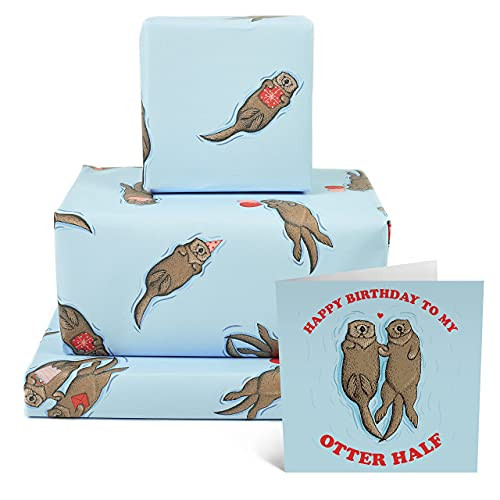 Central 23 - Otter Wrapping Paper Sheets and Birthday Card - 'Happy Birthday To My Otter Half' - For Husband Wife Boyfriend Girlfriend