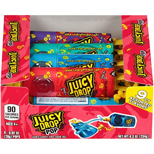 Juicy Drop Sweet  and  Sour Lollipop Variety Party Pack Sweet Lollipop Suckers Sour Gel in Assorted Fruity Flavors, Mixed-Fruit, 9 Count