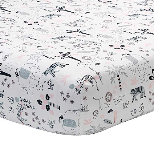 Lambs and Ivy Happy Jungle 100 percent Cotton Safari Animals Fitted Crib Sheet - White Lambs and Ivy Happy Jungle 100 percent Cotton Safari Animals Fitted Crib Sheet - White