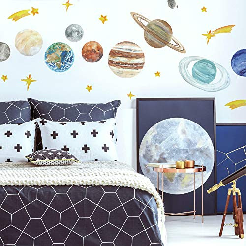 RoomMates RMK4806GM Watercolor Planets and Stars Peel and Stick Wall Decals | Outer Space Themed Bedroom