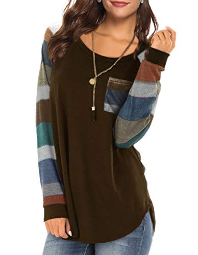 Women's Casual Color Block Long Sleeve Pullover Blouse Round Neck Loose Tunic T Shirt Tops Sweatshirt with Pocket -L, S Brown-