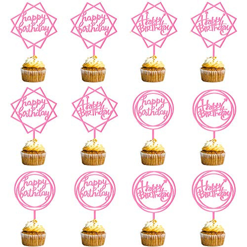 12 Pack Happy Birthday Cake Topper, Acrylic Birthday Cupcake Toppers for Cake Decorations Birthday Party Supply -Pink-