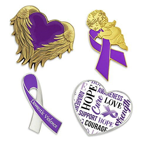 PinMart Domestic Violence Awareness Purple Heart Ribbon Enamel Lapel Pin Set
