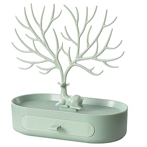 Bubblill Jewelry Display Stand, Tree Tower Rack Hanging Organizer for Ring Earrings Necklace Bracelet, Deer Horn Tree Stand with Storage Drawer and Tray