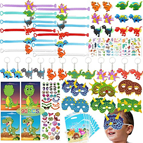 79Pcs Dinosaur Party Favors Dinosaur Bracelets Rings Keychains Masks Goodie Bags Tattoos Toys Prizes Gift Carnivals for Kids Boys Dinosaur Birthday Party Favor Supplies Goodie Bag Fillers