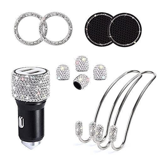 11 Pack Bling Car Accessories Set for Women , Bling Dual USB Car Charger,Bling Car Hook Backseat,Bling Cup Holder,Bling Tire Valve Stem Caps,Car Bling Rings -White-