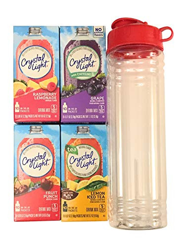 Crystal Light Variety Pack  Fruit Punch, Grape, Lemon Ice Tea and Raspberry Lemonade (On the Go Packets) with Water Bottle