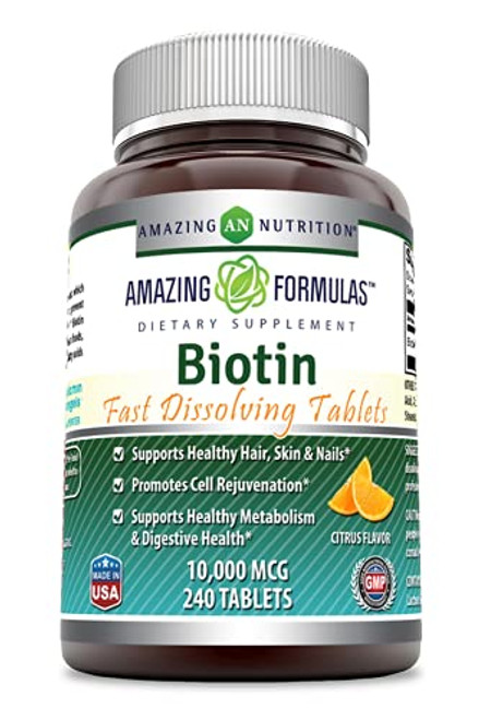 Amazing Formulas Biotin Fast Dissolving Tablets - 10000 MCG Tablets - Supports Healthy Hair, Skin  and  Nails - Promotes Cell Rejuvenation - Supports Healthy Metabolism -240 Count, Citrus Flavor-