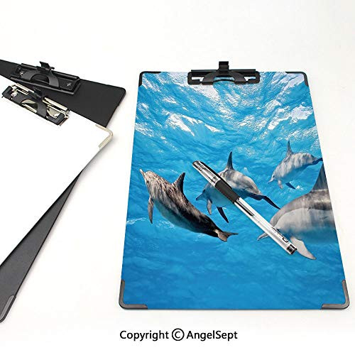 A4 File Folders Standard Size Clipboards,Dolphin,A4,8.85x12.59,Office Clipboard,Underwater Photography of Dolphins Happily Swimming Ocean Animal Life Image Print Decorative,Blue Grey