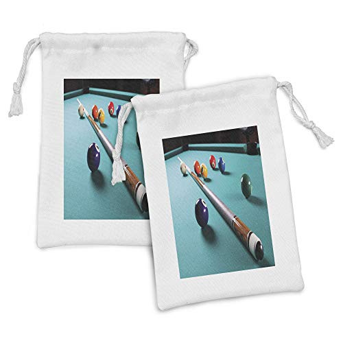 Lunarable Billiard Fabric Pouch Set of 2, Close up Long Exposure Photo of Pool Table with Wooden Cue and Balls Fun Sports, Small Drawstring Bag for Toiletries Masks and Favors, 9" x 6", Multicolor