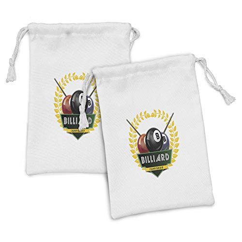 Lunarable Billiard Fabric Pouch Set of 2, Billiard Championship Lettering Emblem Look Design with Balls Cues and Branches, Small Drawstring Bag for Toiletries Masks and Favors, 9" x 6", Multicolor