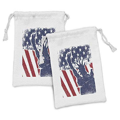 Lunarable American Flag Fabric Pouch Set of 2, Liberty Silhouette on Flag Display Independence Martial Grunge Retro, Small Drawstring Bag for Toiletries Masks and Favors, 9" x 6", Blue Red