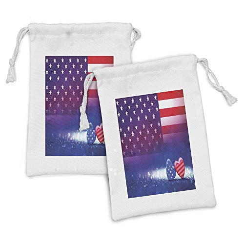 Lunarable American Flag Fabric Pouch Set of 2, Heart Shapes Union of a Country Love Freedom Display Artwork Print, Small Drawstring Bag for Toiletries Masks and Favors, 9" x 6", Navy Blue Red