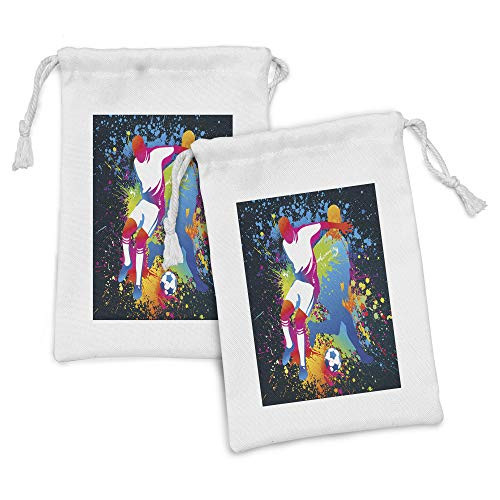 Lunarable Sports Fabric Pouch Set of 2, Composition 2 Soccer Players Competing Ball with Color Splashes Stains, Small Drawstring Bag for Toiletries Masks and Favors, 9" x 6", Multicolor