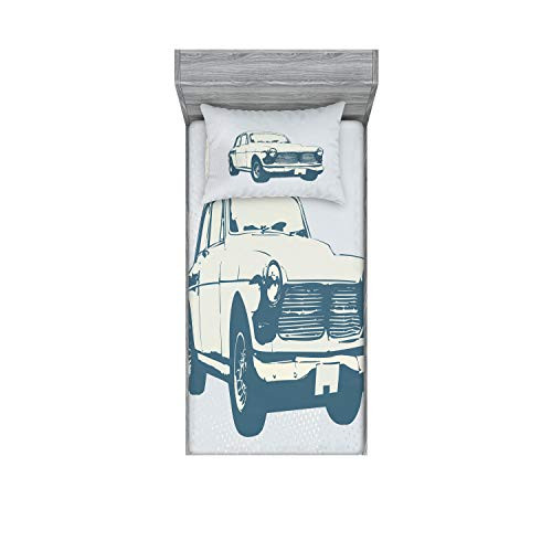 Ambesonne Retro Car Fitted Sheet  and  Pillow Sham Set, Old Fashion Vintage Custom Collector Automobile Funky Graphic Design, Decorative Printed 2 Piece Bedding Decor Set, Twin, Slate Blue Baby Blue