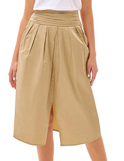 GRACE KARIN Women Ruched Summer Skirt Elastic Waist Cotton Skirt Pockets Pleated Midi Skirt with Slit Khaki