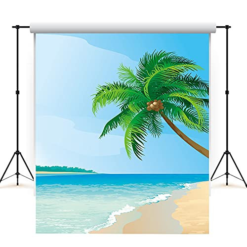 Basifoto 5x7ft Summer Tropical Beach Backdrop, Cartoon Seaside Island Palm Trees Photography Background, Blue sea Sky Luau Theme Party Picture Decoration Photo Booth Studio Props
