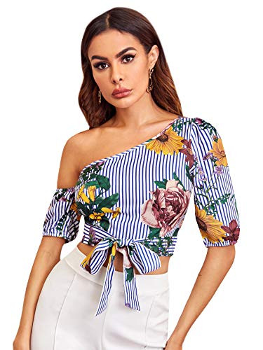 Floerns Women's One Shoulder Floral Striped Puff Sleeve Tie Front Blouse Crop Top Multicolor S