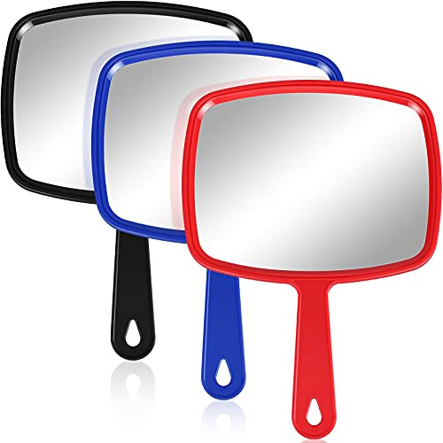 3 Pieces Hand Mirror Handheld Cosmetic Mirror with Handle, Makeup Hand Mirror Hairdressers Paddle Mirror Portable Vanity Mirror for Travel, Home and Salon Use -Red, Black, Blue, 10.83 x 7.48 Inch-