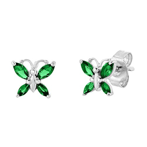 Sterling Silver Butterfly Stud Earring with Simulated Birthstone  and  CZ for Girls -May-