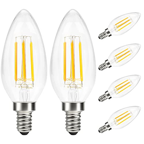 DiCUNO E12 B11 Edison LED Bulb, 4W -40W Incandescent Equivalent-, Candelabra Base, Dimmable, Vintage Candle C35 Filament Light Bulbs, Natural Daylight White 4000K, 6 Packs