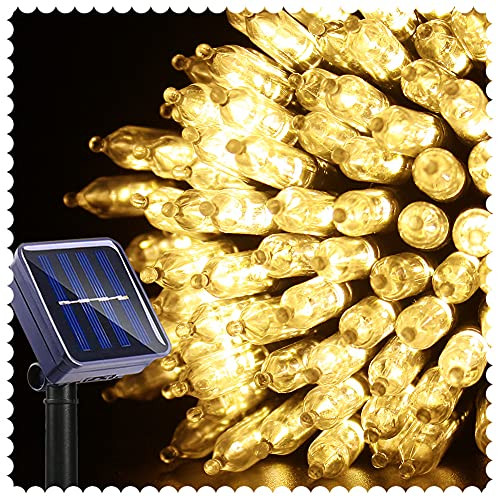 Bright Zeal 39 Feet Solar LED Bulb String Lights Outdoor 100 Slim Bulbs Warm White - Waterproof Hanging String Lights Solar Powered Shatterproof - 8 Modes Solar Hanging LED Lights Outdoor Patio Lights