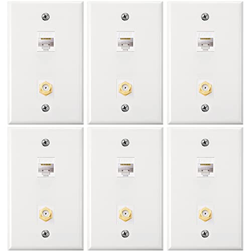 6 Pieces Ethernet Coax Wall Plates, Cat6 Coax Wall Plate with Ethernet Port Female to Female Gold-Plated TV Coax Cable and F-Type Port for Satellite and TV -White-