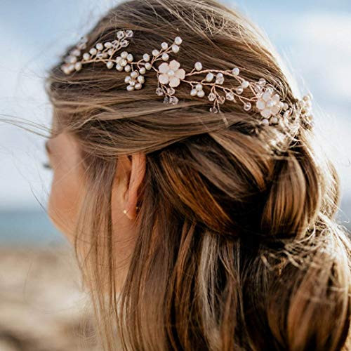 Unicra Flower Bride Wedding Hair Vine Pearl Bridal Hair Piece Rose Gold Hair Accessories for Women and Girls