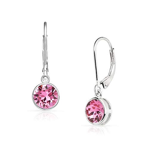 SolidSilver - Sterling Silver 7mm Round Solitaire Dangle Leverback Earrings Made with Genuine Swarovski Crystal | Rose SolidSilver - Sterling Silver 7mm Round Solitaire Dangle Leverback Earrings Made with Genuine Swarovski Crystal | Rose