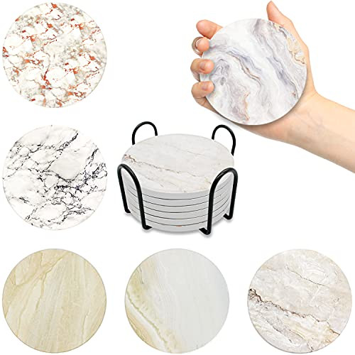 Coasters for Drinks Absorbent with Holder, Set of 6 Ceramic Marble Style Coasters for Wooden Table, Drink Coasters with Cork Base, Housewarming Gifts, Home Decor, 4 Inches
