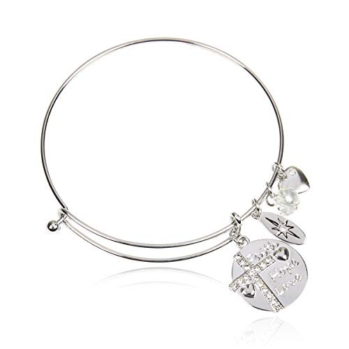 RIAH FASHION Inspirational Message Charm Bracelets - Love Friendship Heart Lucky Pendant Wire Bangle, Open Cuff -Faith Hope Love - Silver-