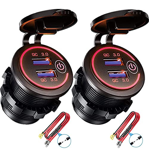 Quick Charge 3.0 Dual USB Charger Socket, Waterproof 12V/24V USB Outlet QC3.0 Fast Charger Socket with Touch Switch DIY Kit for Car, Golf Cart, Marine, Boat, RV, Motorcycle, Truck,etc-Red-2Pack-