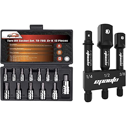 EPAuto Torx Bit Socket Set, T8-T60 -13 Pieces-  plus Socket Adapter Set -1/4, 3/8, 1/2, 3 Set-