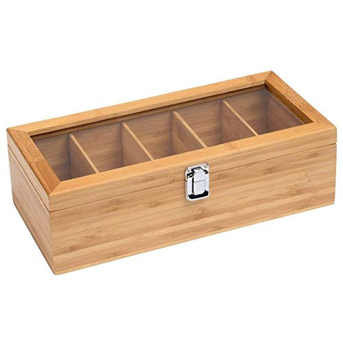 Bamboo Tea Box with 5 Compartment, Tea Bag Caddy Box Organizer with Acrylic Transparent Hinged Lid, home office Decorative, 10 12 30 cm