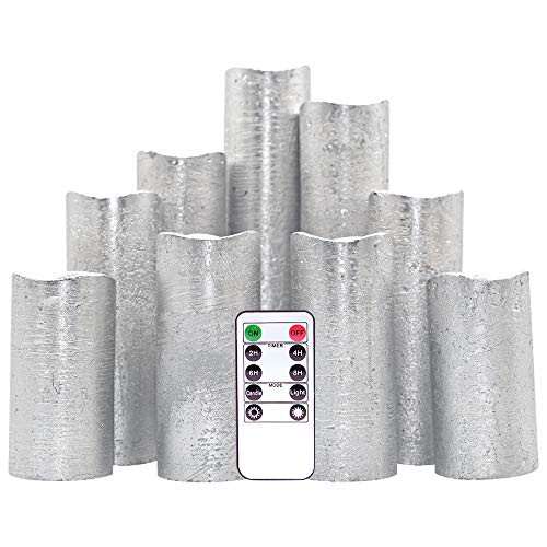 Eldnacele Flameless Candles Battery Operated Pillar Candles Flickering LED Flickering Flame Unscented Real Wax Candles Set of 9 with Remote and Timer Silver Rustic