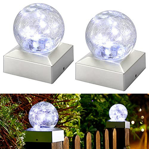 Solar Post Lights Outdoor - Decorative Crackle Glass LED Fence Post Solar Lights, Waterproof LED Solar Post Cap Lights 4x4 for Fence Deck Patio Garden - 2 Pack