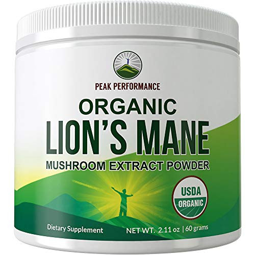 Organic Lions Mane Mushroom Powder -USA Grown- by Peak Performance. USDA Organic Lion's Mane Powder Nootropic Supplement for Memory, Focus, Brain Health, Immune Support. Lion Mane Mushrooms Extract