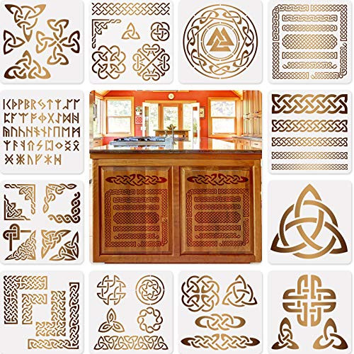 12 Pieces Viking Celtic Knot Stencils Viking Symbol Templates Stencils for Scrapbooking Drawing Tracing DIY Furniture Wall Floor Decoration -9 x 9 Inch/ 22.8 x 22.8 cm-