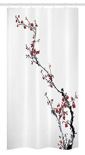 Ambesonne Watercolor Flower Stall Shower Curtain, Sakura Tree Cherry Branches in Classic Asian Style Artwork, Fabric Bathroom Decor Set with Hooks, 36 W x 72 L Inches, Dark Coral Black Grey