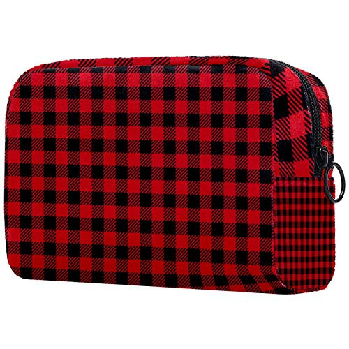 Makeup Bag Portable Travel,Black red plaid,Cosmetic Bag for Women,Beauty Zipper Makeup Organizer Bag