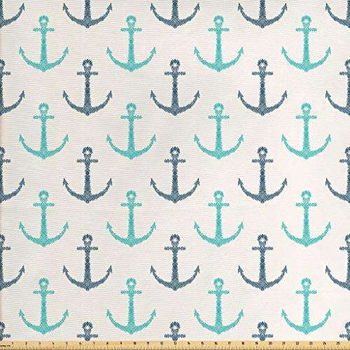 Lunarable Nautical Fabric The Yard, Line Art Hand Drawn Anchors Minimalism Inspired Maritime Pale Toned Image, Decorative Fabric Upholstery Home Accents, 2 Yards, Seafoam Dark Blue