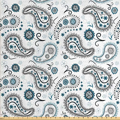Lunarable Paisley Fabric by The Yard, Doodle Style Middle Eastern Floral Arrangement Abstract Traditional Teardrop, Decorative Fabric for Upholstery and Home Accents, 2 Yards, Teal Black White