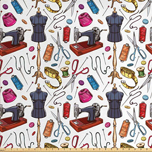 Lunarable Fashion Fabric by The Yard, Pattern with Cartoon Tailoring Equipment as Sewing Machine Thread and Tape Measure, Decorative Fabric for Upholstery and Home Accents, 2 Yards, Multicolor